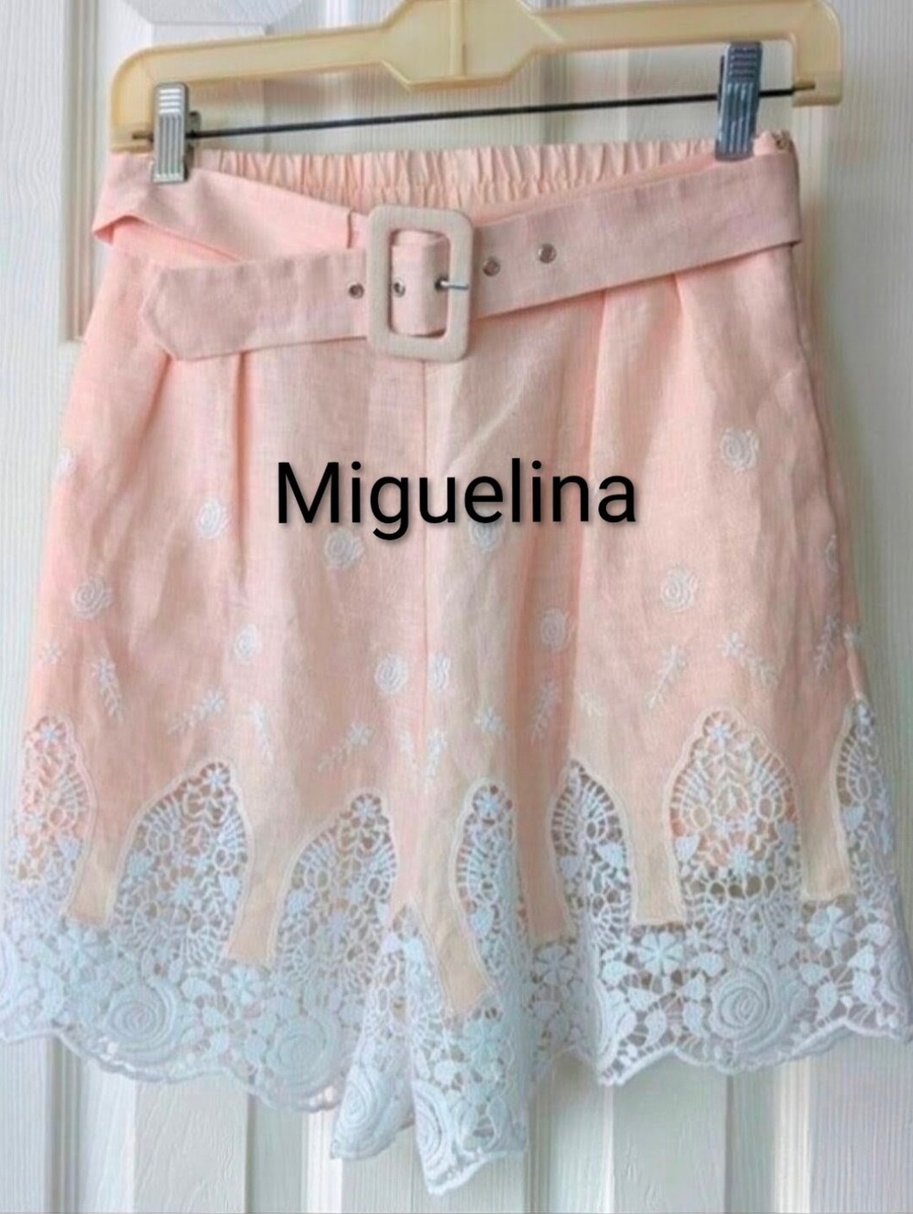 NOWT Miguelina Apricot Linen w White Embroidery And Lace Trimmed Shorts Sz Small